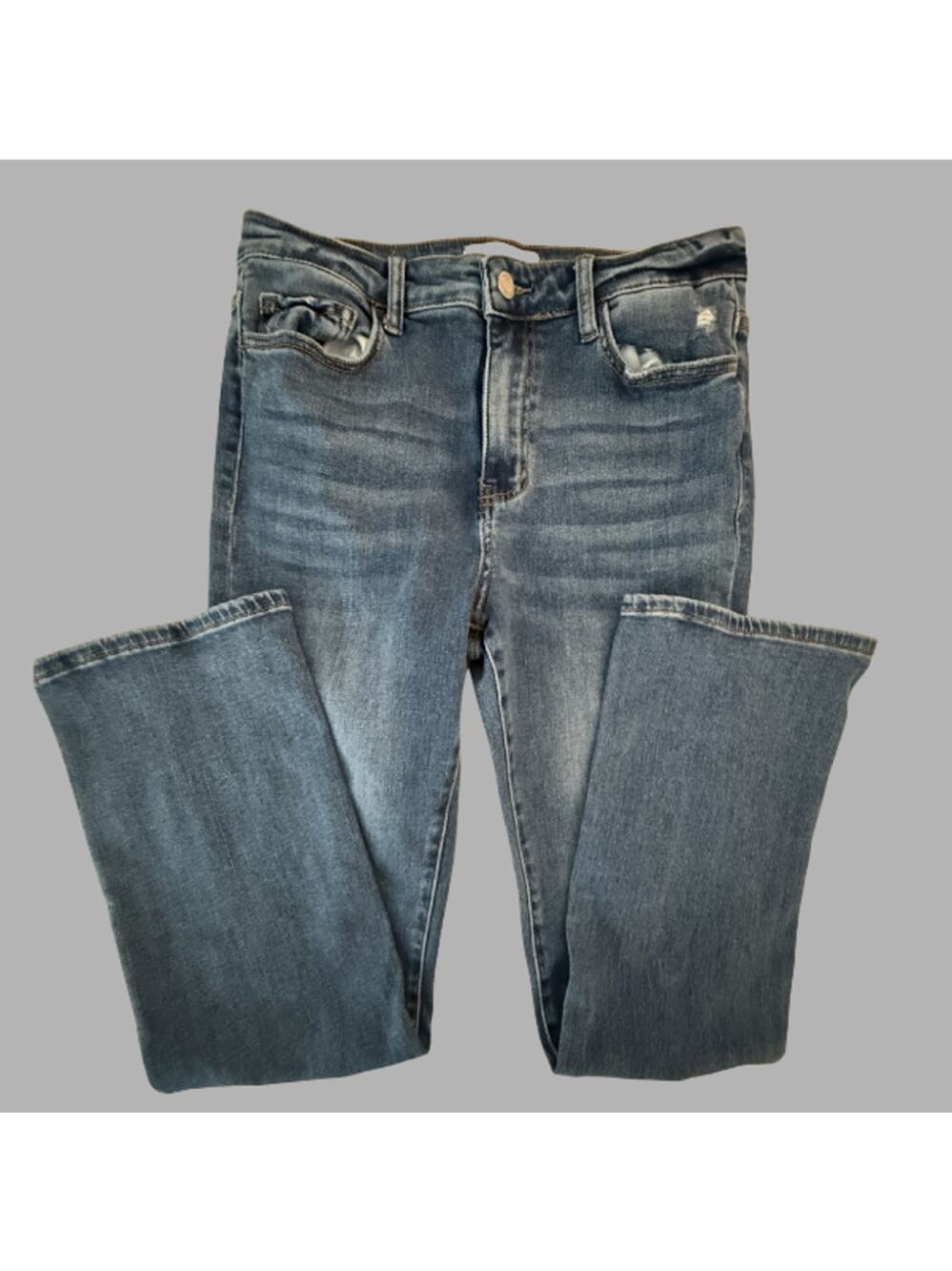 Vervet Medium Wash High Rise Flare Bootcut Jeans Distressed Whiskered Denim